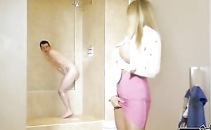 Whorish blonde cougar bonks her stepson in the bathroom