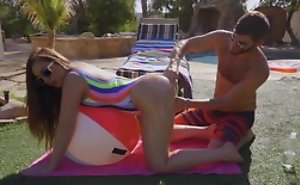 Delicious brunette fucks lanose guy by a difficulty pool
