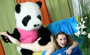 Horny girl playing with plaything bear