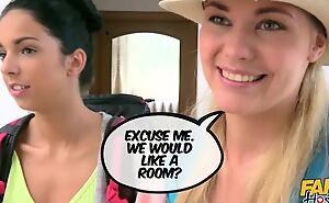 Three horny chicks well-ordered lesbian threesome in hammer away hostel room