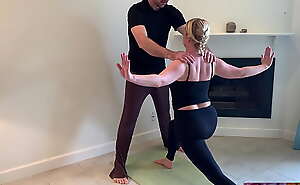 Stepson helps stepmom in on all sides of directions yoga together with stretches her pussy