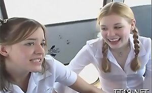 Teeny titted schoolgirl gives dishevelled blowjob and rails learn of