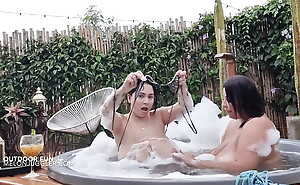 Outdoor Huge boobs engulfing Lesbians in a hot tub
