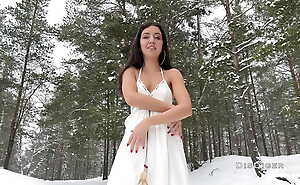 Sex in the winter snowy forest, beauty got hot cum on her face