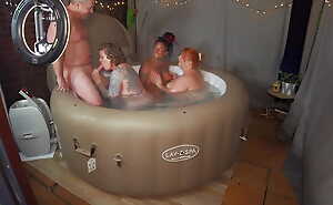 Hot tub Fun with 3 MIlfs increased by a DILF