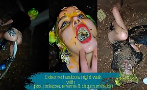 Extreme hardcore night walk with piss, enema, prolapse with an increment of deprecatory humiliation