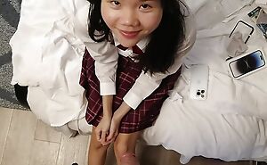 POV cute 18yo Japanese schoolgirl receives a huge facial after she sucks her stepdads dick to thank him for her new phone
