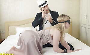 blindfold cuckold turns come into possession of her first DP