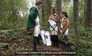 Attack on titan. Sloppy threesome blowjob for commander in the forest